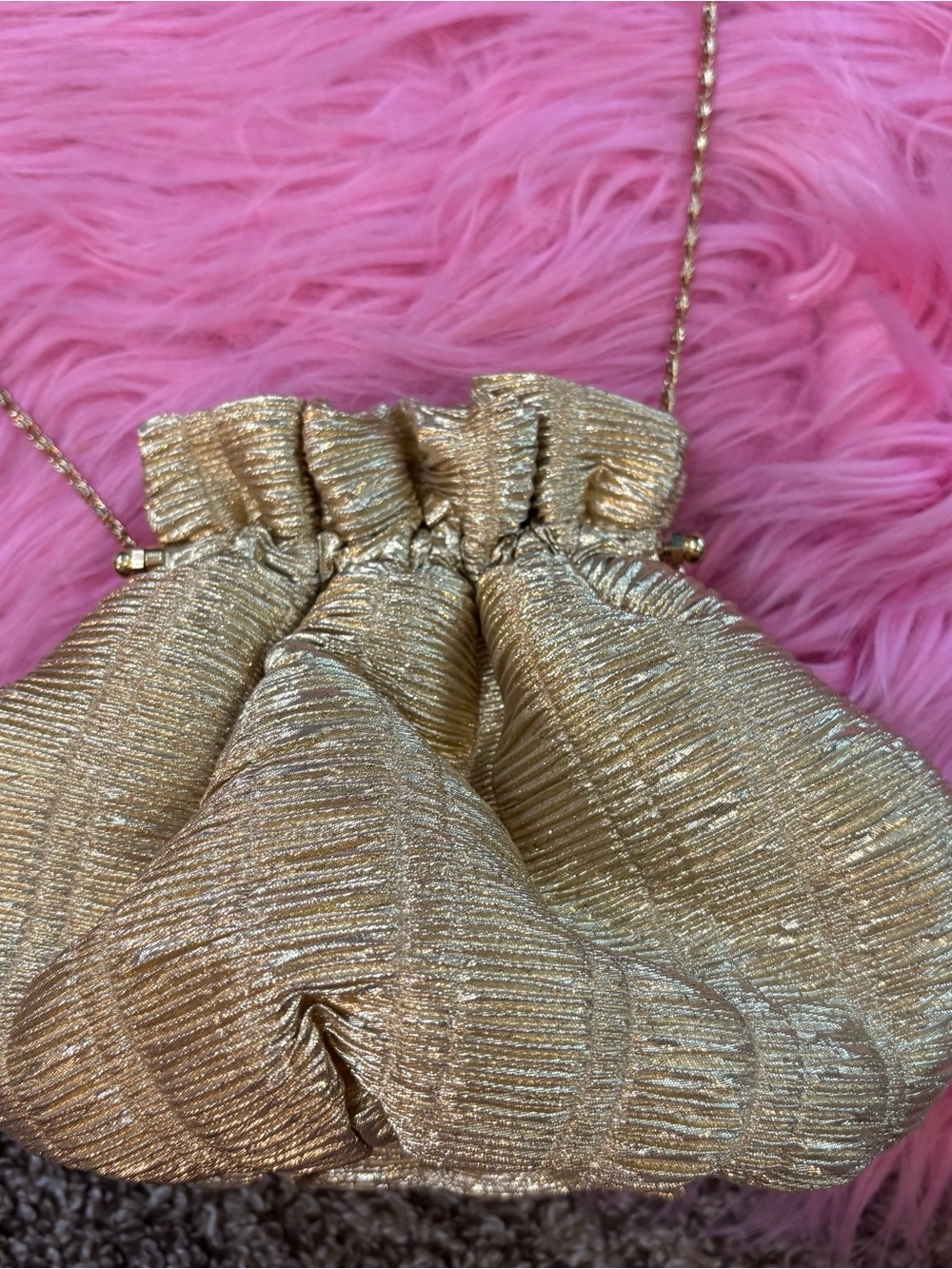 Vintage Vanessa Gold Metallic Pleated Evening Bag Chain Strap Clutch